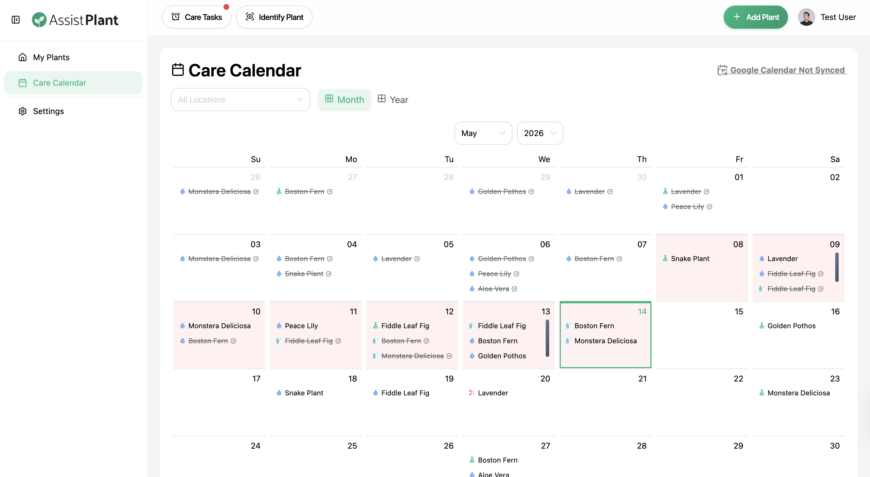 Care calendar showing watering and care history across the month