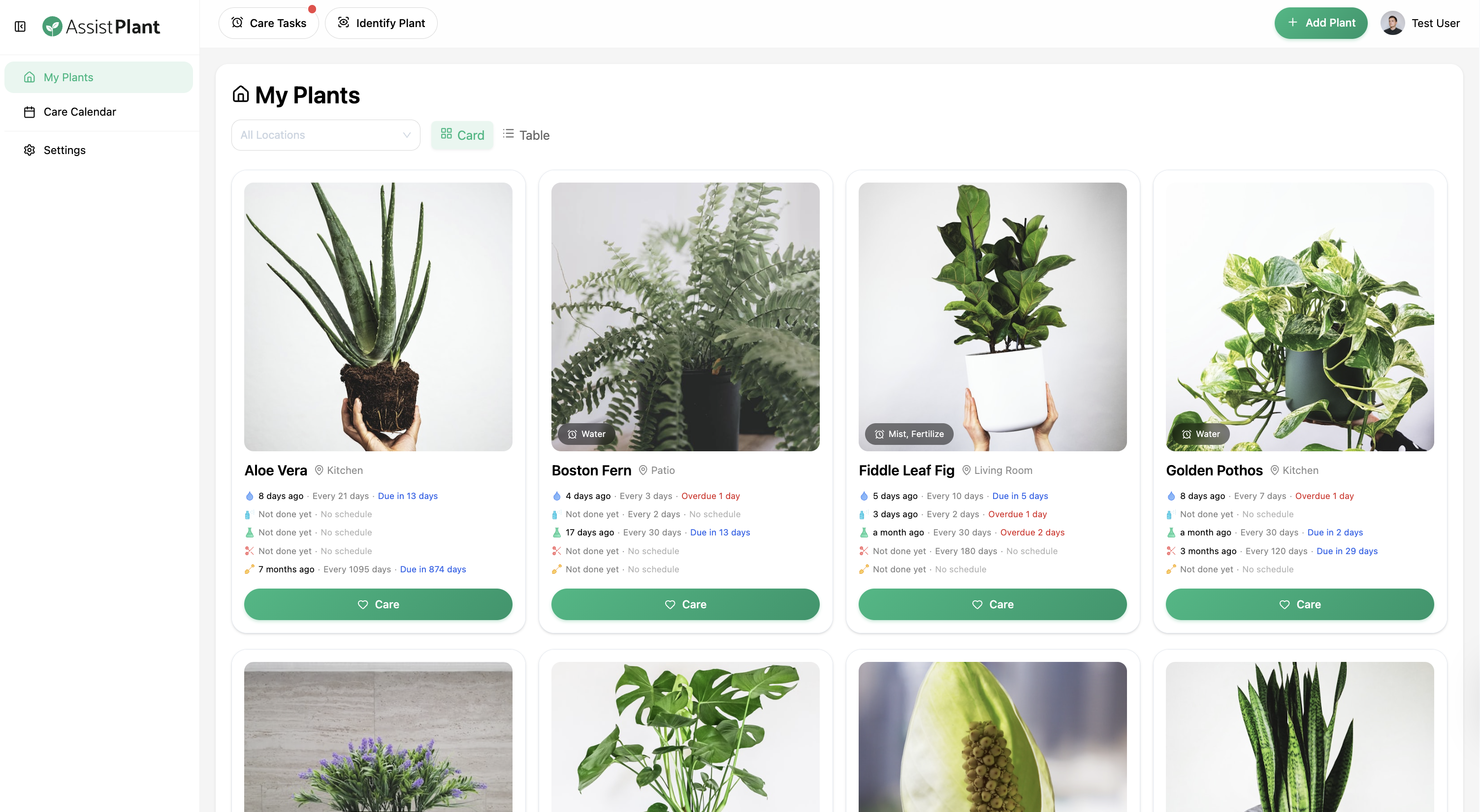 AssistPlant dashboard with plant cards and care status