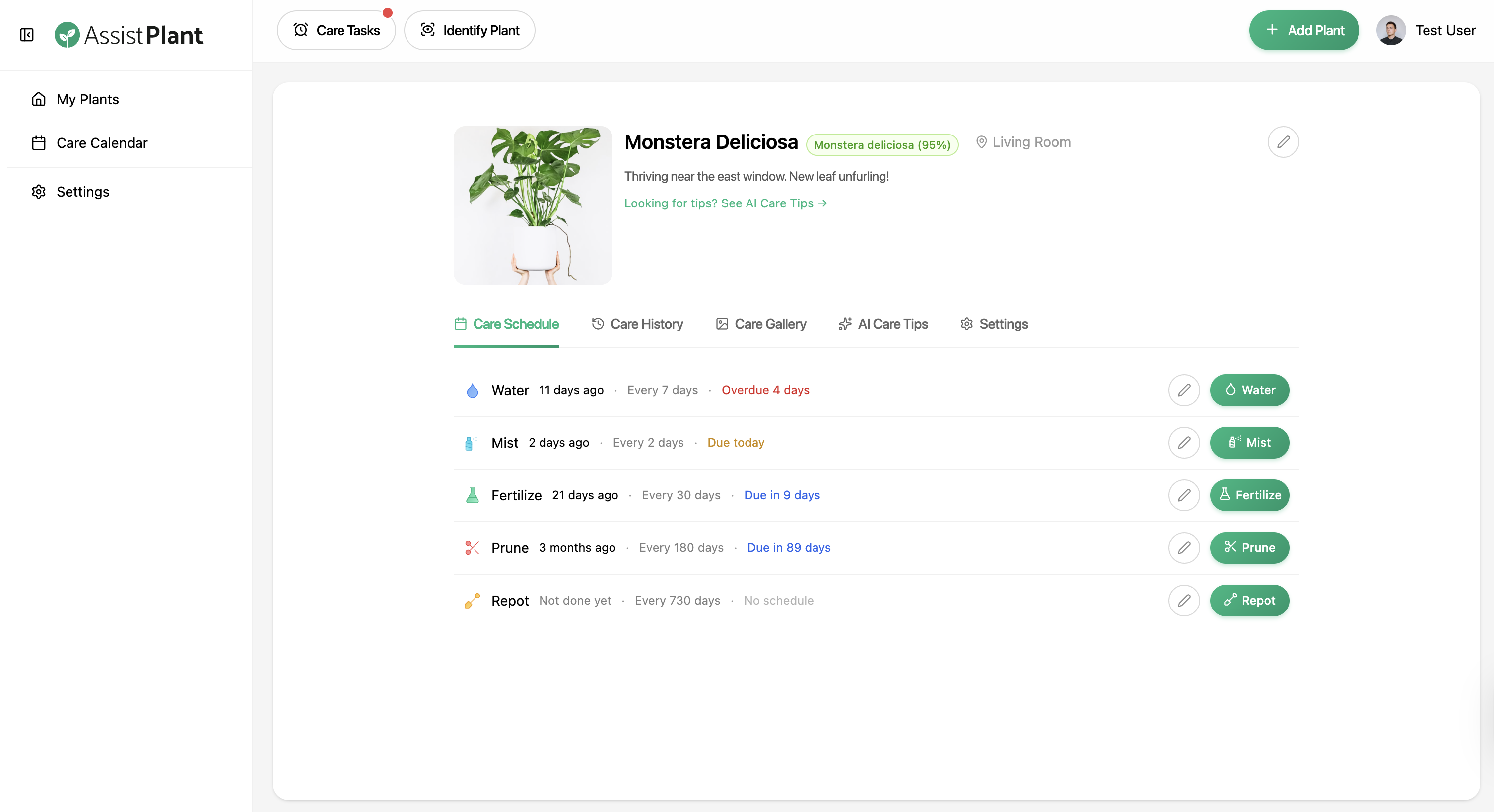 Plant detail page with care schedule and photo timeline