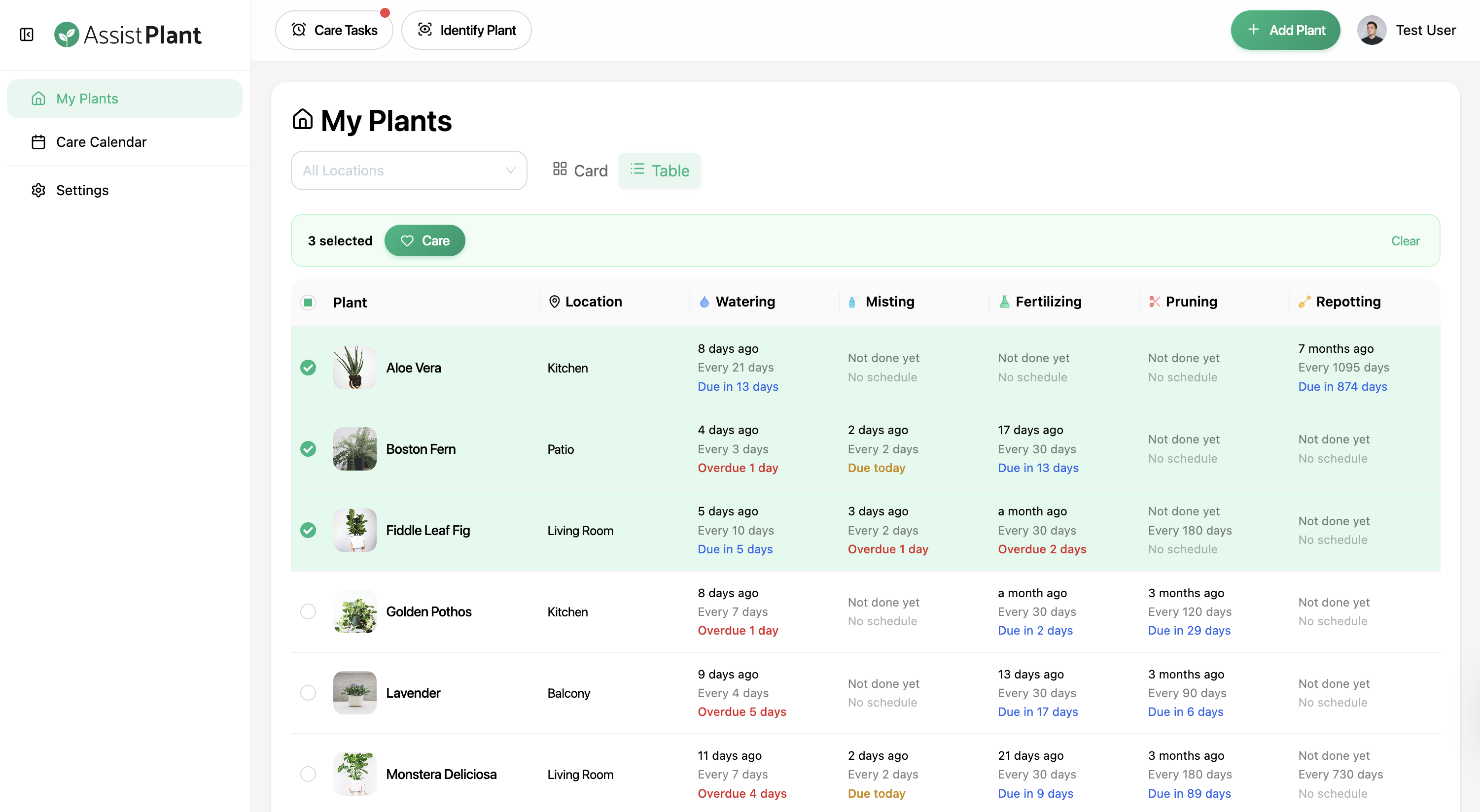 Bulk care selection across the plant dashboard table view